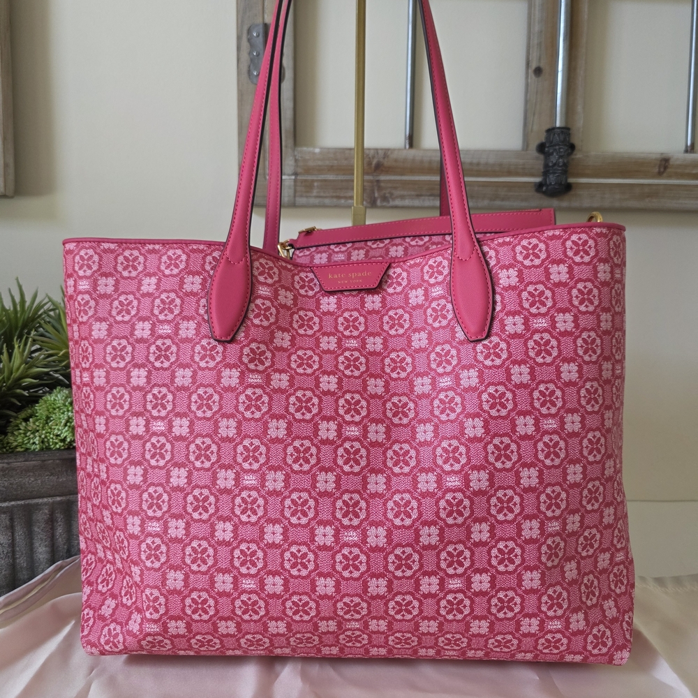 Kate Spade Raspberry Pink Spade Flower Monogram XL Canvas Tote + Pouch- NWOT - Picture 2 of 16